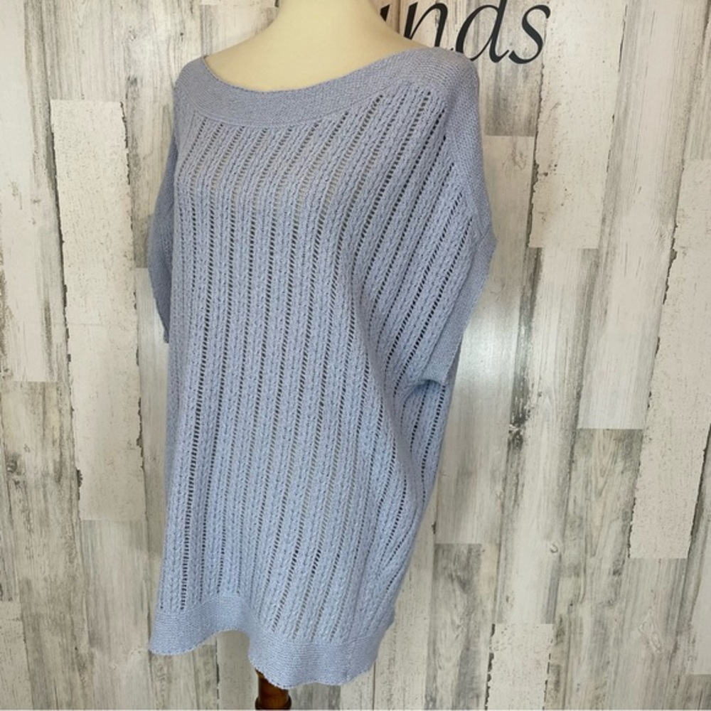 Peck & Peck Blue Cable Open Knit Short Sleeve Scoop Neck Sweater Top Blouse Sz L